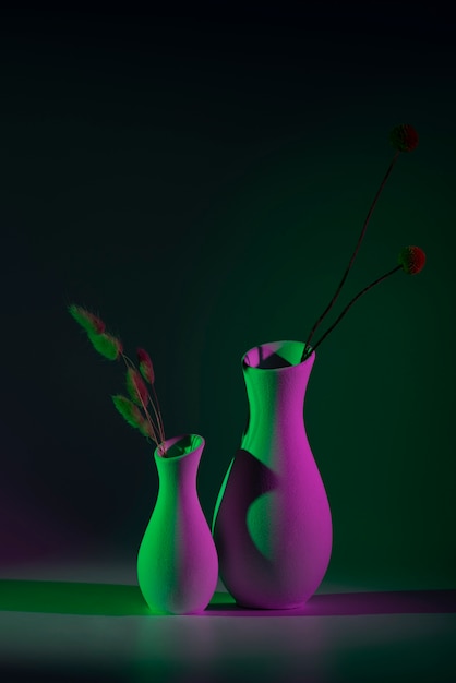 Free Photo modern vases with green and pink light