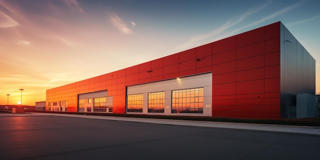 Free photo modern warehouse bathed in the glow of the setting sun