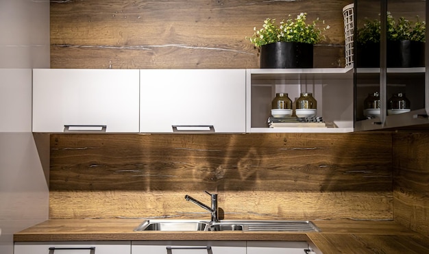 Modern wooden kitchen interior steel kitchen faucet