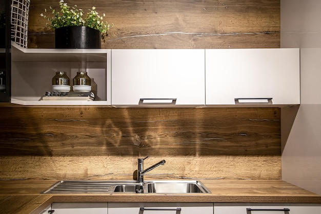 Modern wooden kitchen interior steel kitchen faucet