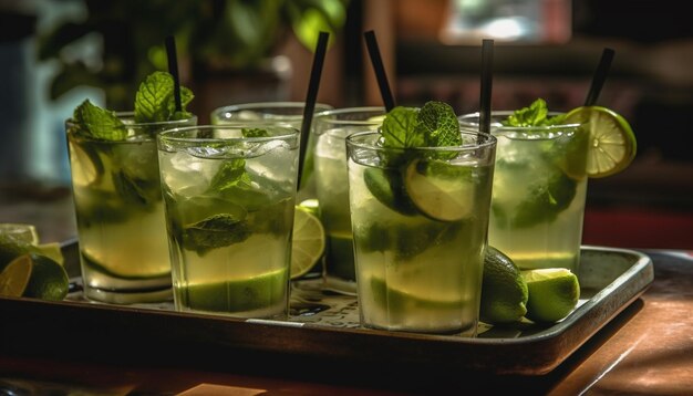 Mojito cocktail with lime fruit and mint generated by AI