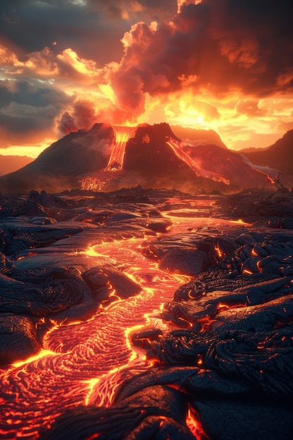 Molten rock volcanic eruption