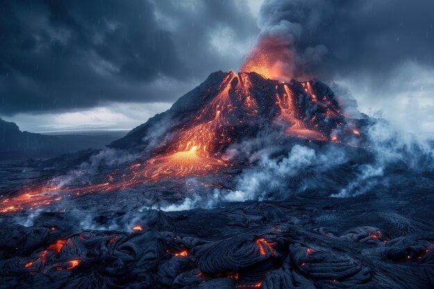 Molten rock volcanic eruption