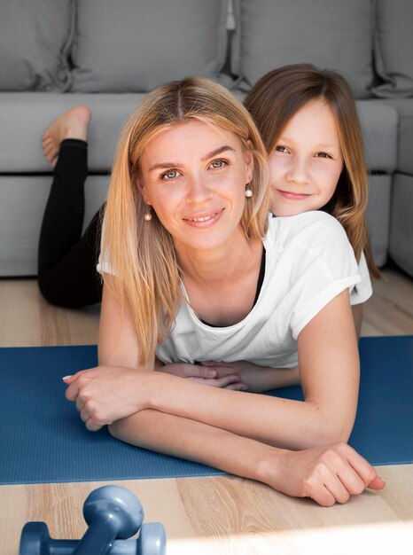 Mom and girl at home