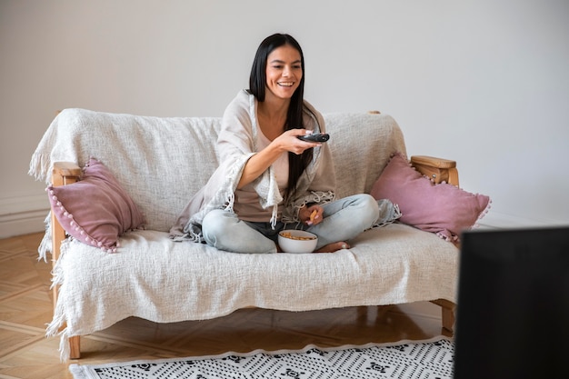 Free photo mom spending time in front of tv