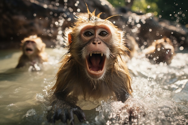 Free photo monkeys taking bath in river