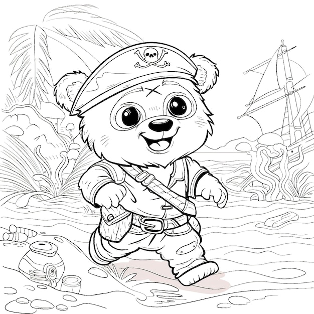 Monochrome coloring page with pirates in line art style