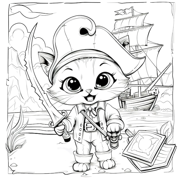 Free Photo monochrome coloring page with pirates in line art style