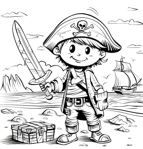 Free photo monochrome coloring page with pirates in line art style