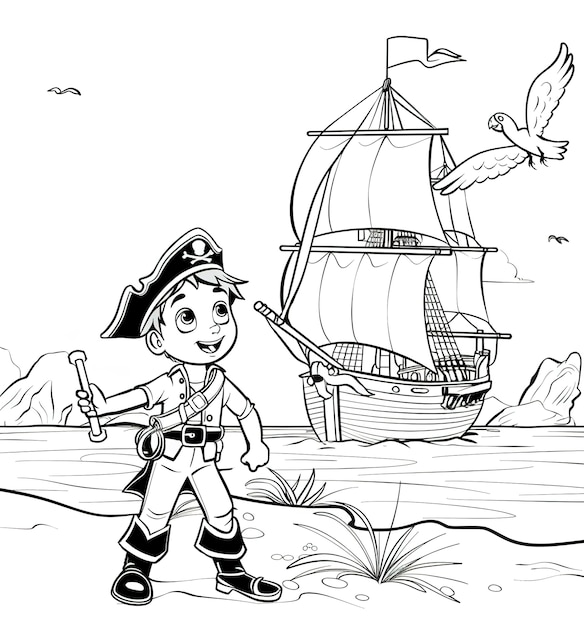 Monochrome coloring page with pirates in line art style