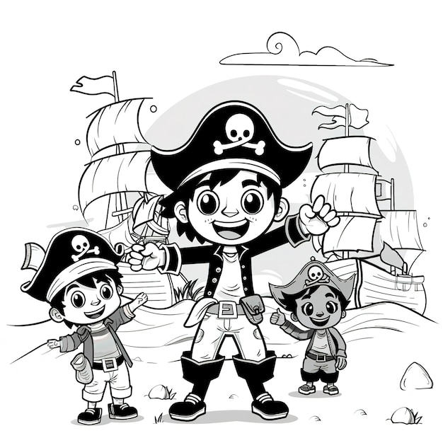 Free photo monochrome coloring page with pirates in line art style