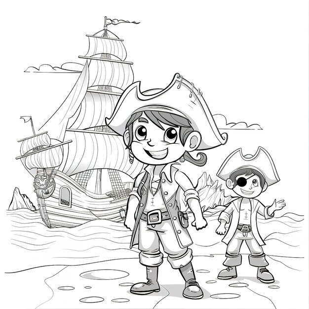 Monochrome coloring page with pirates in line art style