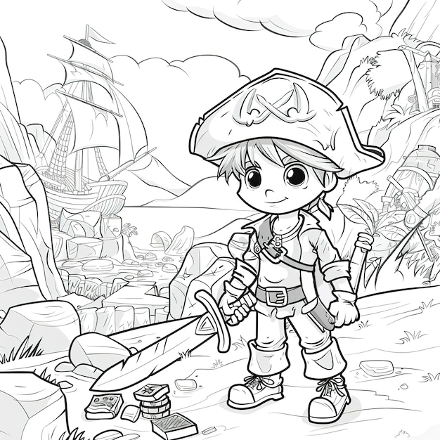 Free photo monochrome coloring page with pirates in line art style