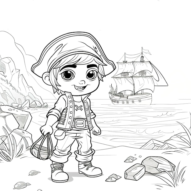 Free photo monochrome coloring page with pirates in line art style