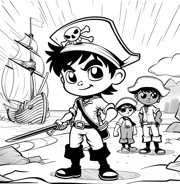 Monochrome coloring page with pirates in line art style