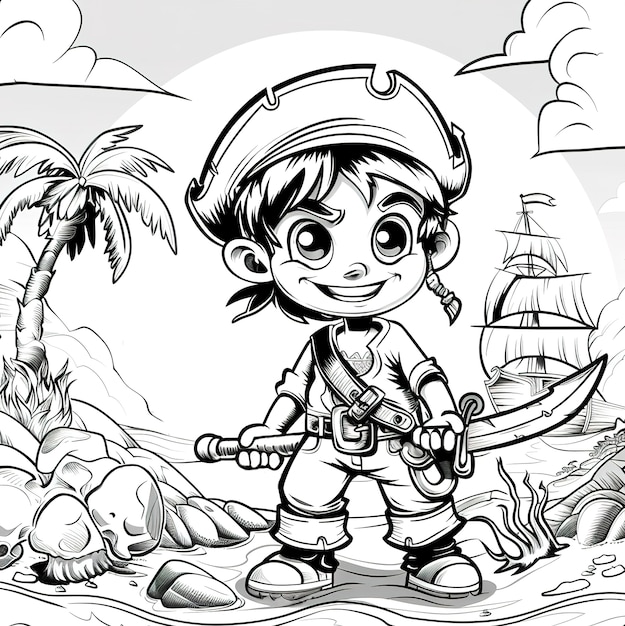 Free photo monochrome coloring page with pirates in line art style