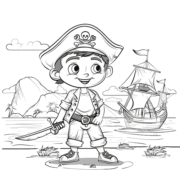 Free photo monochrome coloring page with pirates in line art style