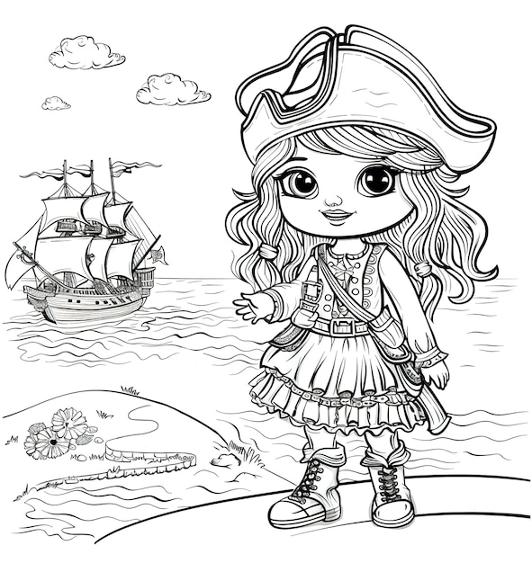 Free Photo monochrome coloring page with pirates in line art style