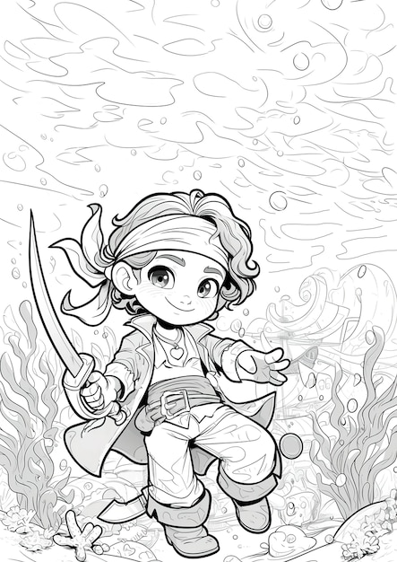 Free photo monochrome coloring page with pirates in line art style