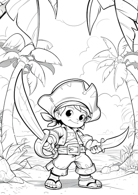 Free Photo monochrome coloring page with pirates in line art style