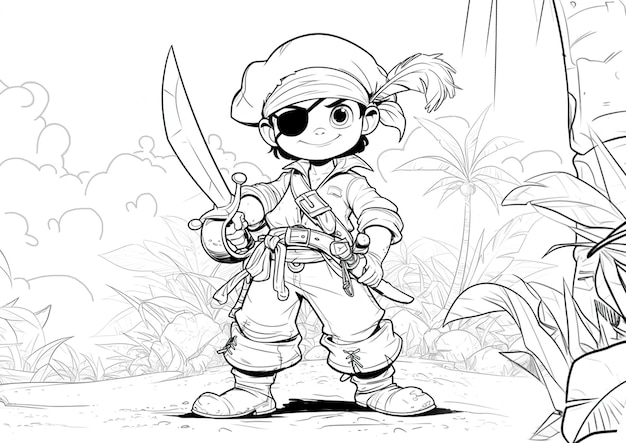 Free photo monochrome coloring page with pirates in line art style