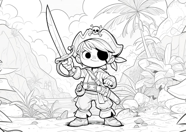 Free photo monochrome coloring page with pirates in line art style