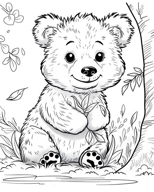 Monochrome line art bear coloring page illustration