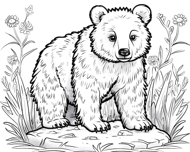 Monochrome line art bear coloring page illustration