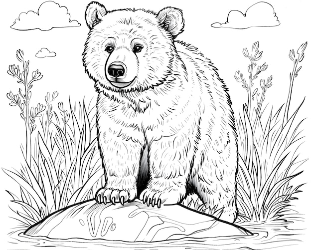 Monochrome line art bear coloring page illustration