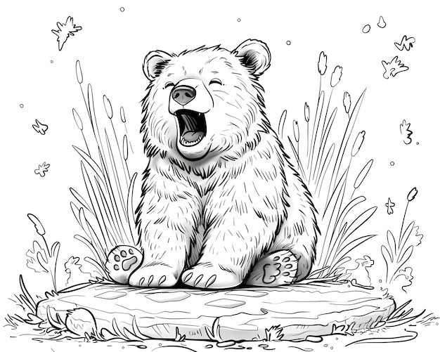 Monochrome line art bear coloring page illustration