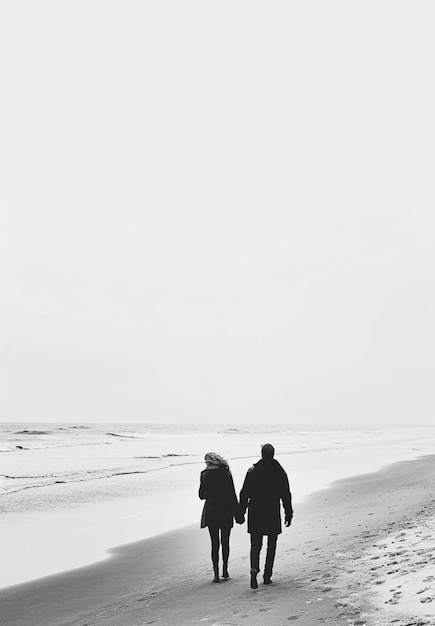 Free Photo monochrome portrait of couple walking on the beach