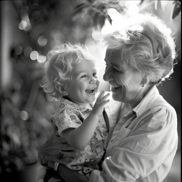 Free photo monochrome portrait of grandmother with grandchild celebration grandparents day