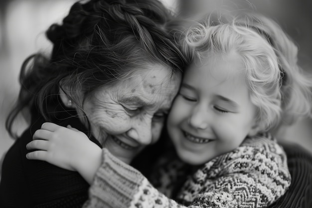 Free photo monochrome portrait of grandmother with grandchild celebration grandparents day