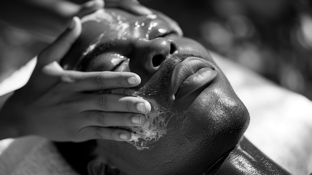 Free photo monochrome portrait of man getting a facial