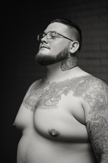 Monochrome portrait of man with tattoos