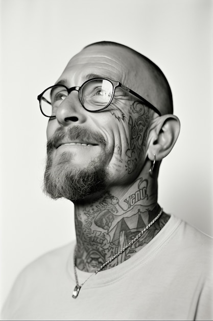 Monochrome portrait of man with tattoos