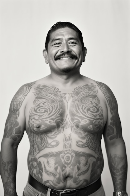 Free photo monochrome portrait of man with tattoos