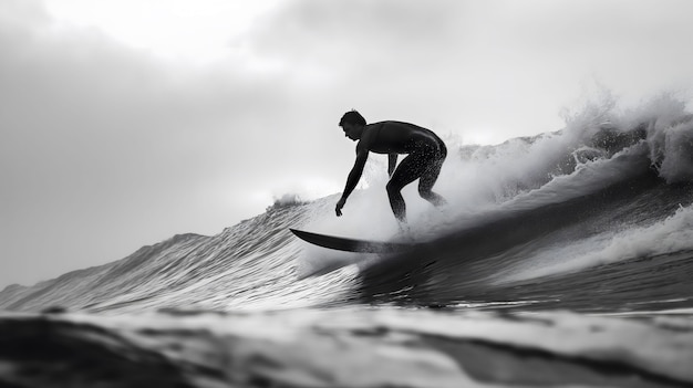 Free photo monochrome portrait of person surfing amongst the waves