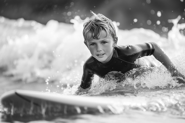 Free photo monochrome portrait of person surfing amongst the waves