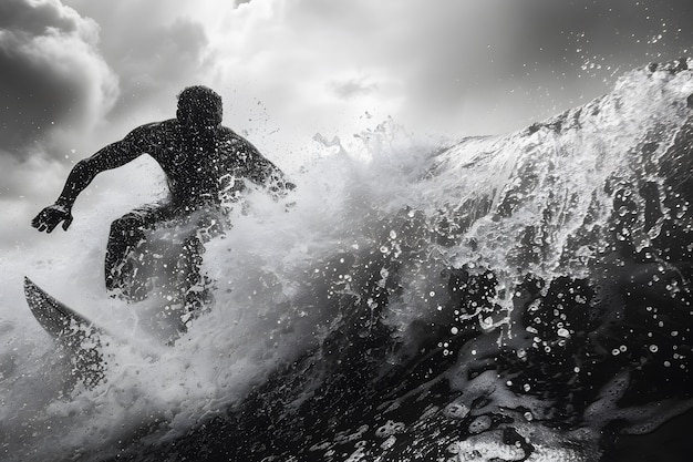 Free photo monochrome portrait of person surfing amongst the waves