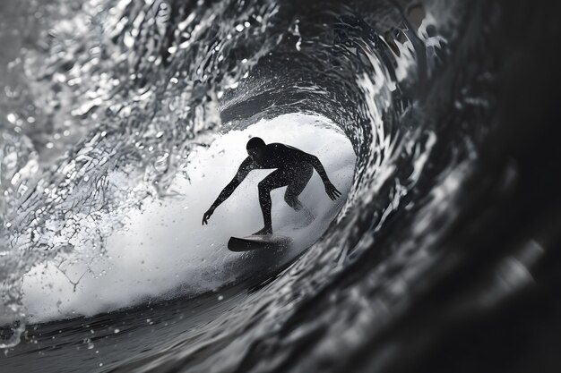 Monochrome portrait of person surfing amongst the waves