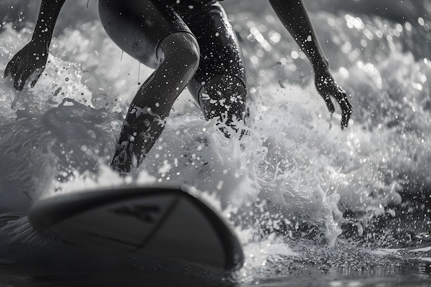 Free Photo monochrome portrait of person surfing amongst the waves