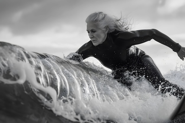 Free photo monochrome portrait of person surfing amongst the waves