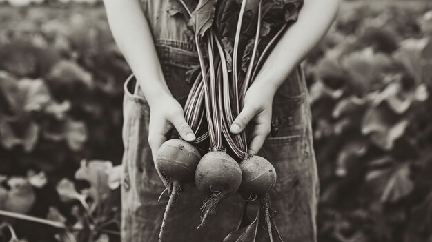 Monochrome portrait of person with fresh produce