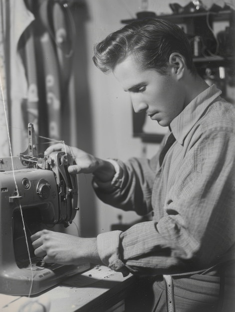 Monochrome portrait of retro man doing housework and household chores