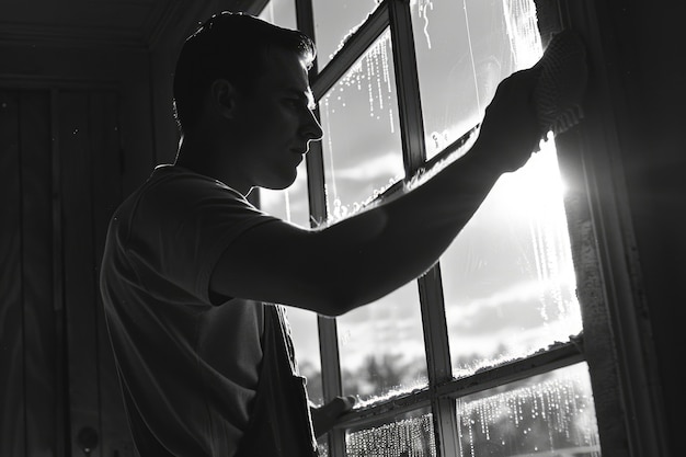 Free Photo monochrome portrait of retro man doing housework and household chores