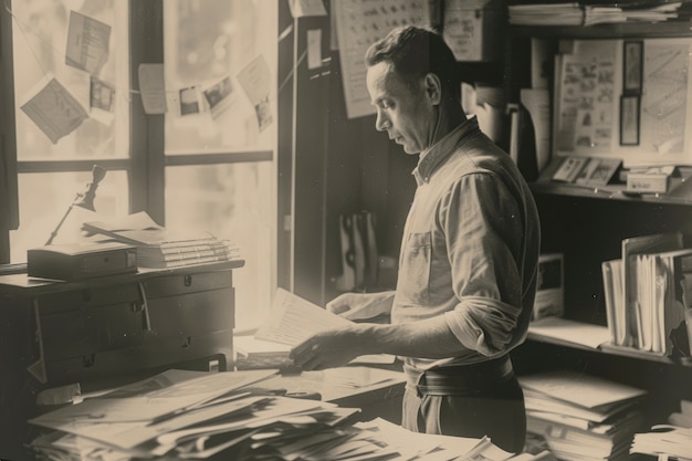 Free photo monochrome portrait of retro man doing housework and household chores