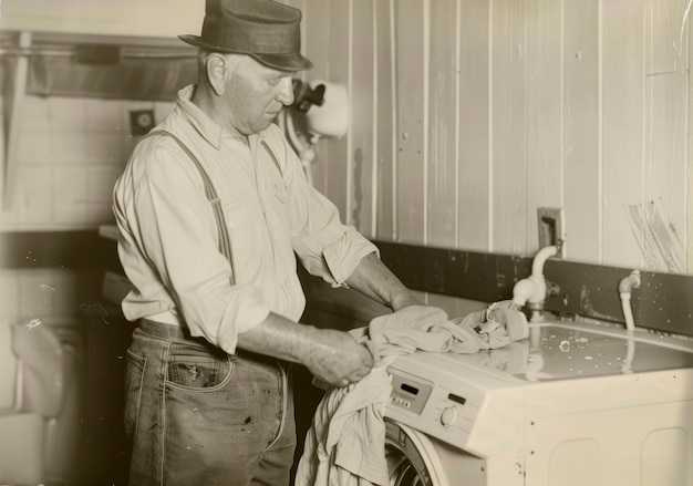 Monochrome portrait of retro man doing housework and household chores