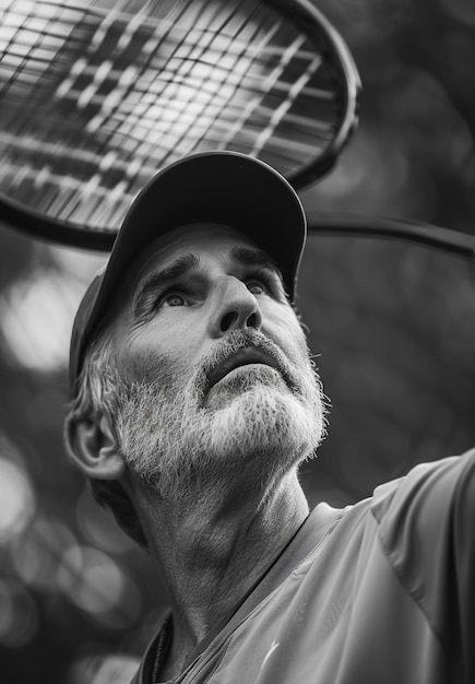 Monochrome portrait of senior man playing tennis