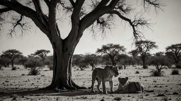 Free photo monochrome portrait of wild lion in its natural habitat